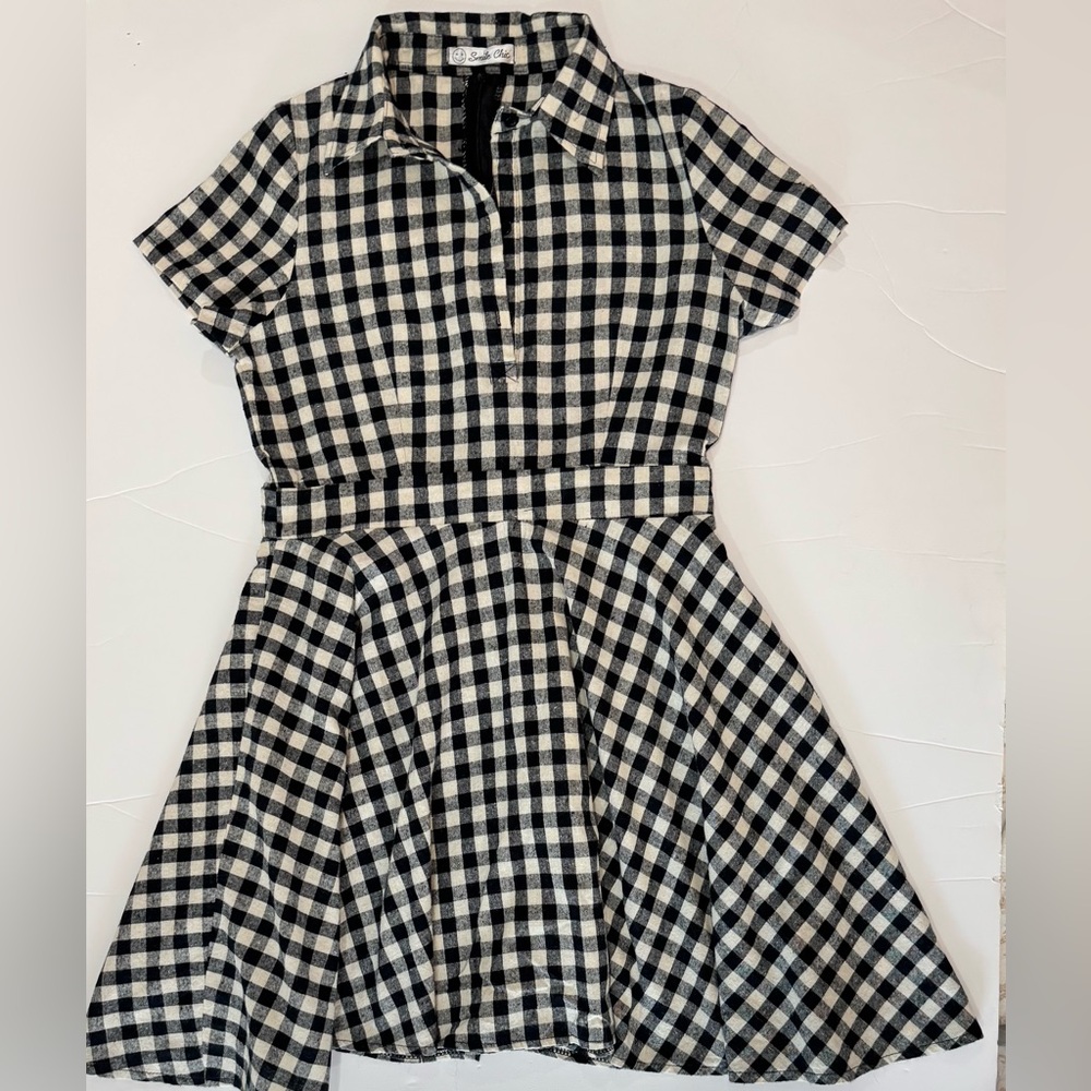 Black White Gingham Fit Flare Mini Dress Collared Picnic Cottagecore XS - Picture 2 of 5